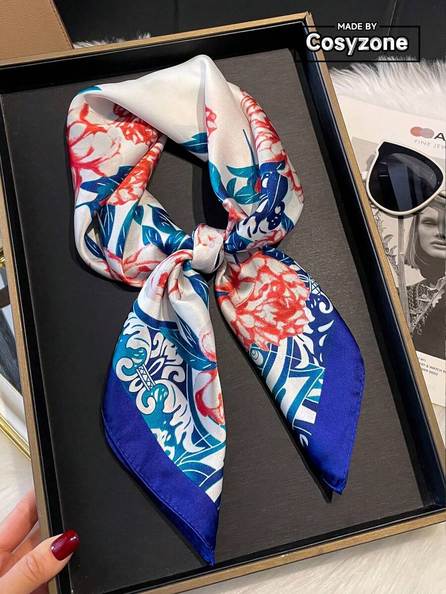 1pc Women's Elegant Floral Print 70cm Square Silk-Like Scarf, Versatile Headband/Bandana, Lightweight For All Seasons