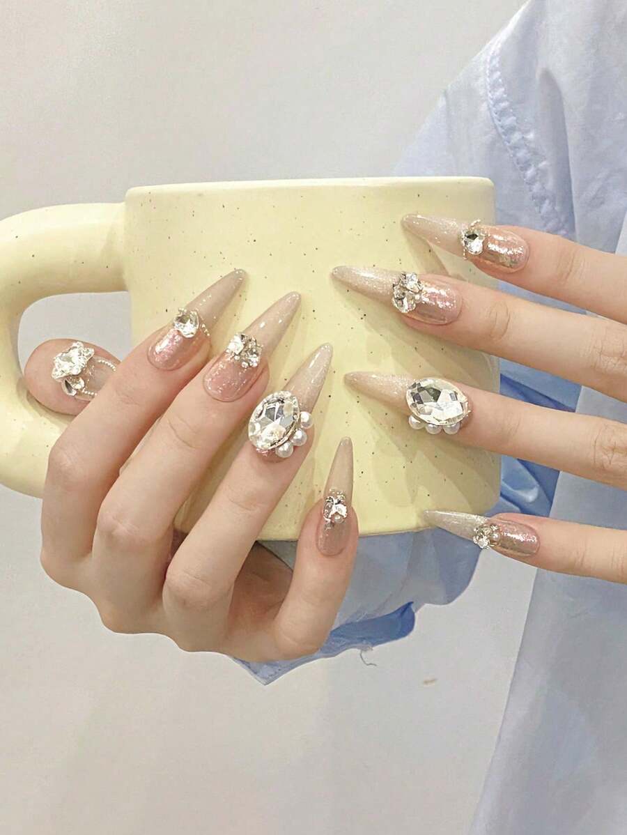 10 piezas de uñas postizas de lujo hechas a mano, súper largas con forma de almendra, diseño con incrustaciones completas, uñas postizas para señoras y niñas para asistir a fiestas festivas