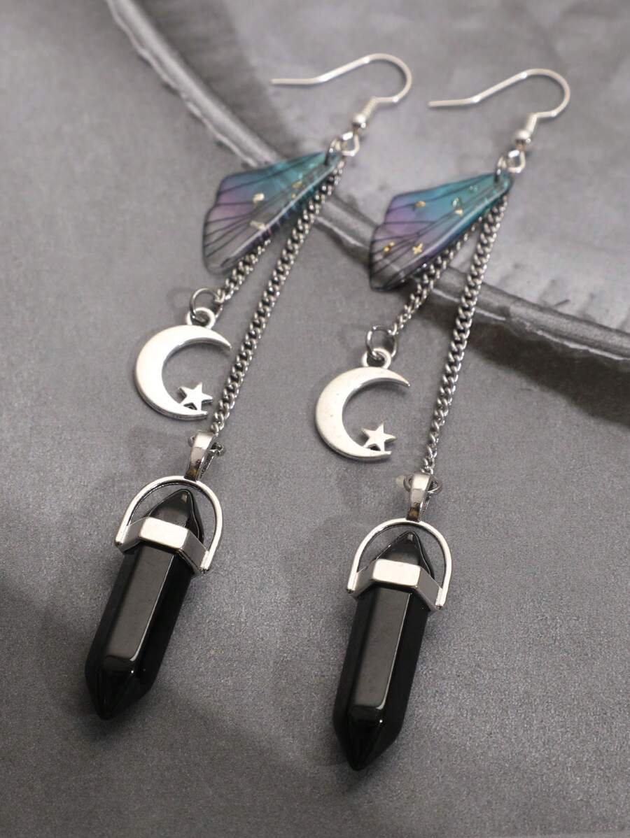 Boucles d'oreilles avec lune, étoile, cristal de quartz et ailes de papillon, style Y2K avec lune croissante et boucles d'oreilles étoilées pour femmes