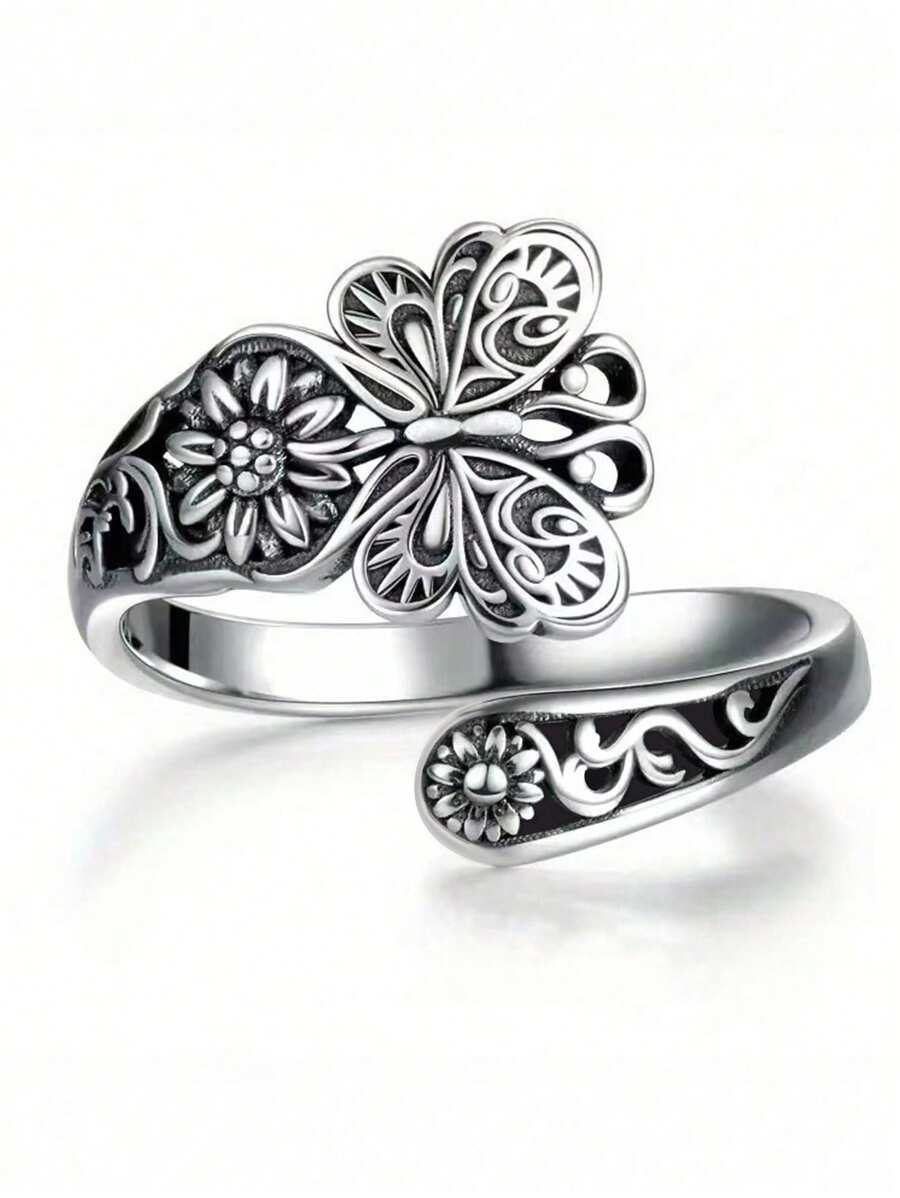 1 pieza Anillo ajustable con decoración de mariposa y flor de estilo vintage y personalidad, apto para uso diario de mujeres, accesorio de fotografía, gran regalo para familia y amigos