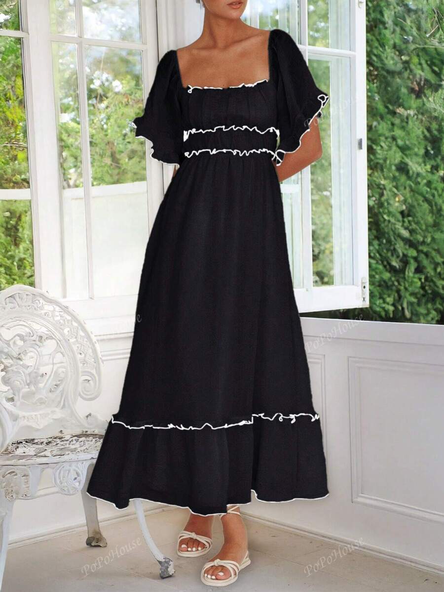 PoPoHouse Women's Dress Summer Vacation Casual Color Contrast Skirt With Ruffled Puffy Sleeves