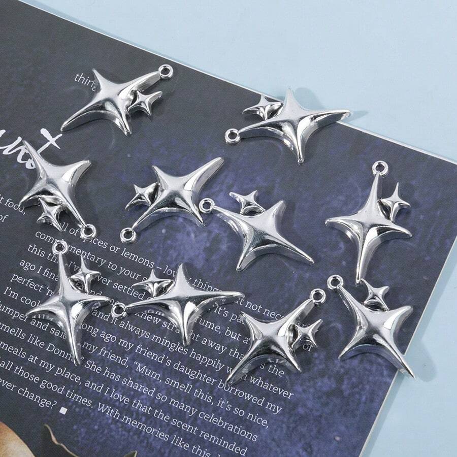 10pcs Fashionable Silver Tone Alloy Star Shaped Pendant Charms For DIY Jewelry Making, Keychain, Tassel Necklace, Craft Supplies