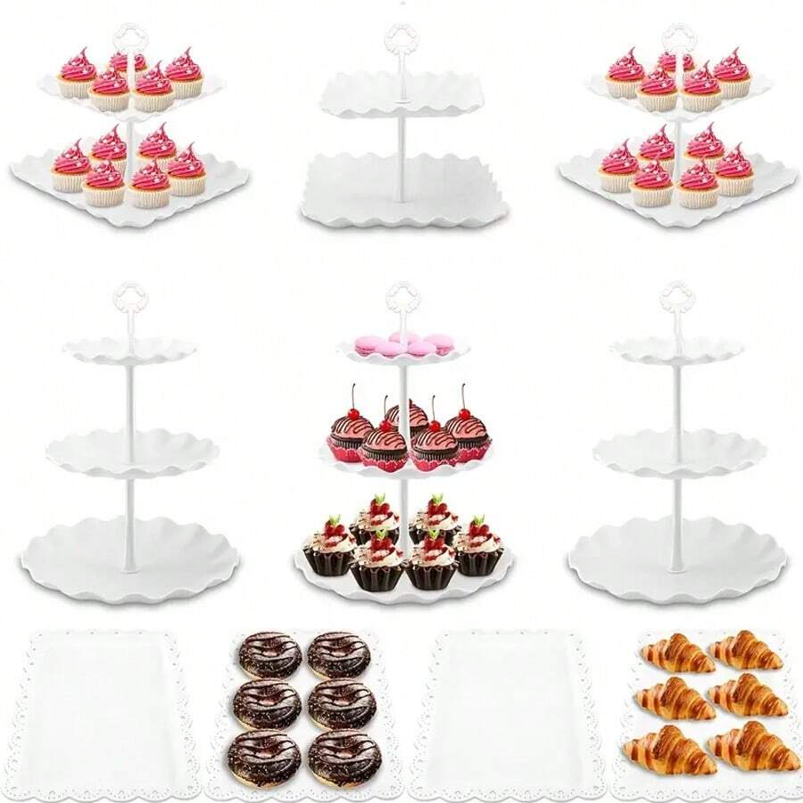 10 Pcs Cake Stand White Plastic Dessert Table Stand Set 4 Pcs 3 Tired Cupcake Display Stands Cookie Tray Rack Serving Tray Cake Display Tower And 6 Pcs Dessert Trays For Wedding Baby Shower Tea Party