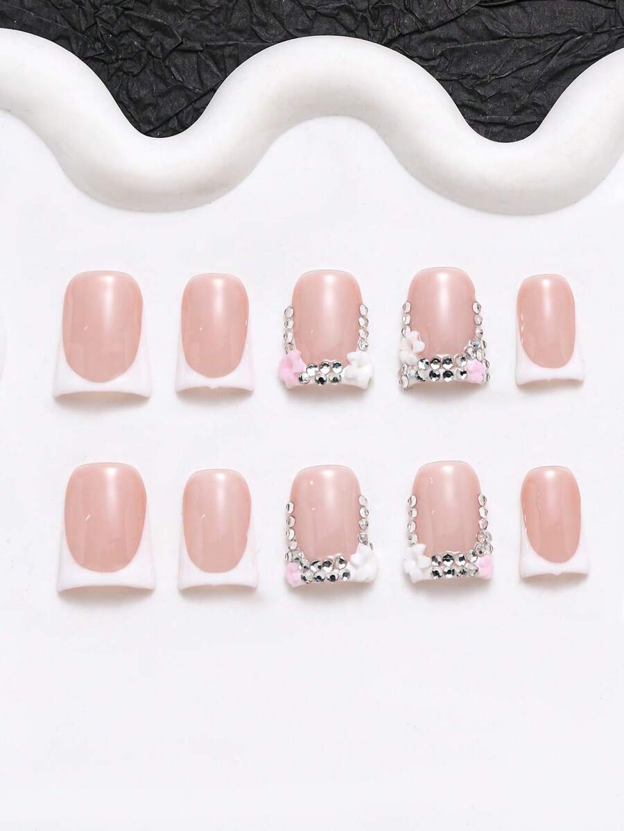 paquete de 10 uñas postizas artesanales con decoración de moño y strass en estilo Y2K Baddie, disponibles en colores nude y blanco, adecuado para fiesta, boda y uso diario, incluye kit de accesorios, un regalo adecuado para mujeres y niñas