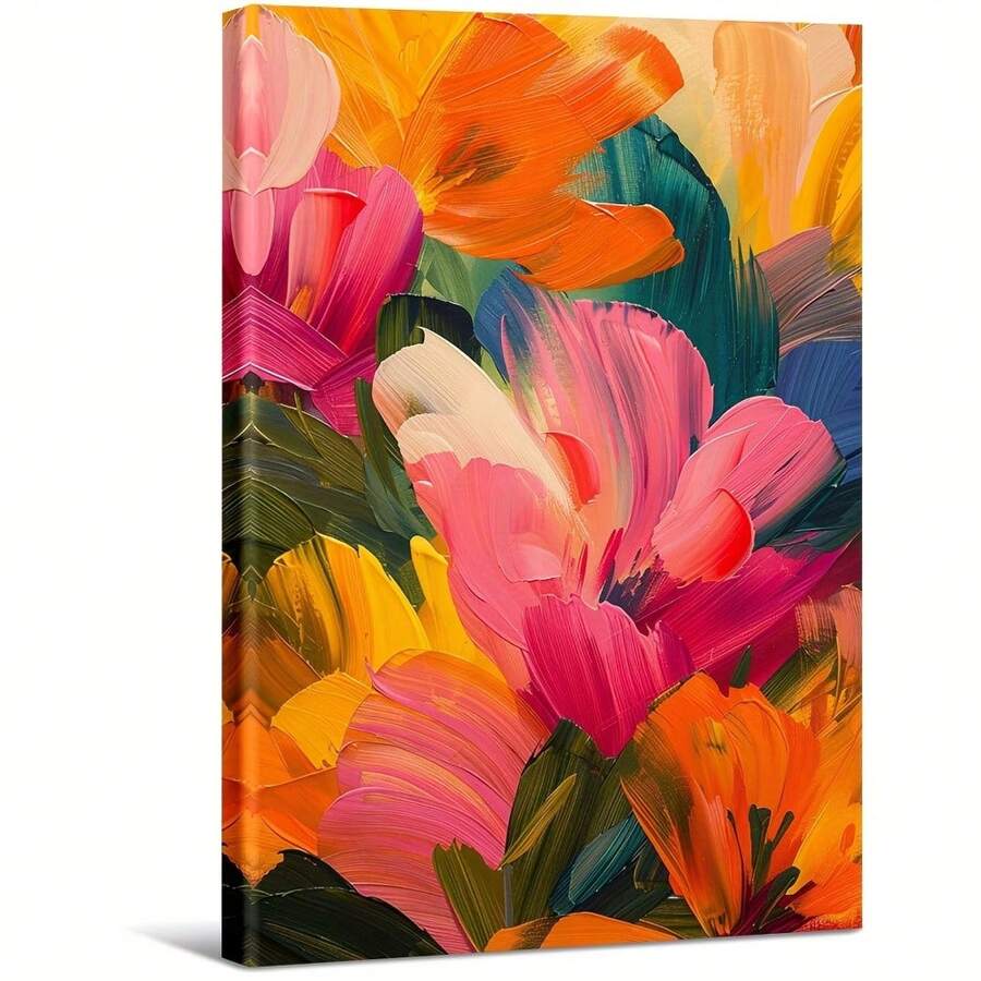Tulipes colorées abstraites avec des stylos audacieux. Grande peinture murale encadrée en bois, décoration d'intérieur, peinture à l'huile - Chambre, salle de bain, salon, bureau, cuisine, cadeaux de Noël - 1 pièce