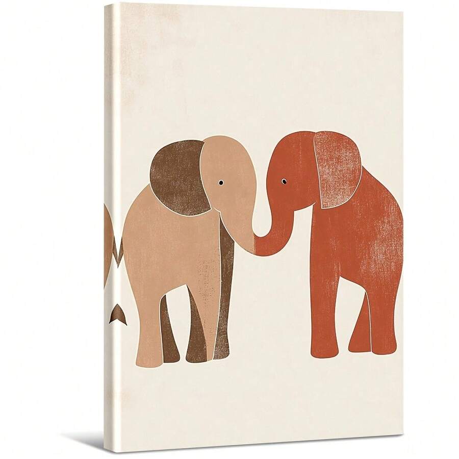 Deux éléphants simples de couleurs différentes. Grande peinture murale encadrée en bois, décoration d'intérieur, peinture à l'huile - Chambre, salle de bain, salon, bureau, cuisine, cadeaux de Noël - 1 pièce