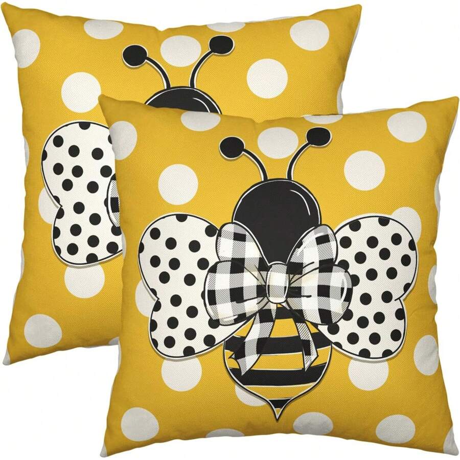 2 Stücke Bienenkissen Frühling Sommer Hummel Bauernhaus Dekoration Kissenbezug gelb und weiß gepunktet Outdoor Kissenbezug Leinen Kissenbezug Zuhause Sofa ohne Kissenfüllung auf einer Seite