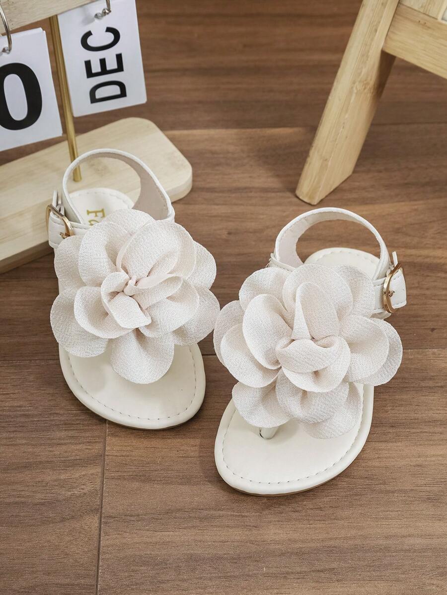 Toddler/Little Girls' 2025 Summer New Fashion Versatile Round Toe Thong Sandals With Large Flower, Flat, Anti-Slip For Beach & Home Wear