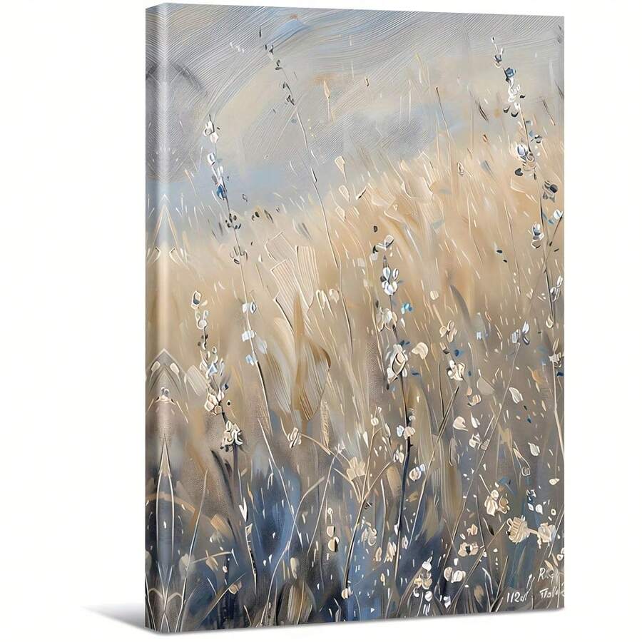 Le foin haut et les fleurs sauvages sont neutres. Grande peinture murale encadrée en bois, décoration d'intérieur, peinture à l'huile - Chambre, salle de bain, salon, bureau, cuisine, cadeaux de Noël - 1 pièce