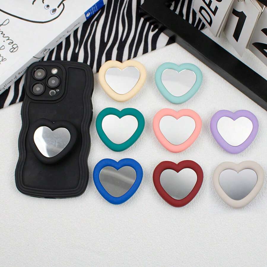 1 pieza Espejo de silicona con forma de corazón y soporte retráctil para teléfono con ventosa, conveniente para retoques de maquillaje, compatible con iPhone, Android, regalo para cumpleaños, familia y amigos, soporte y accesorios para teléfono