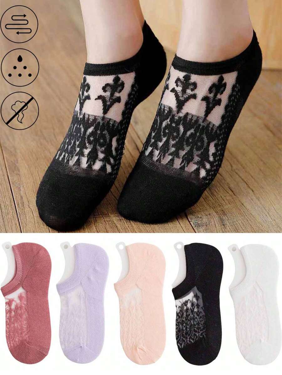 5 pares de calcetines invisibles de encaje, estilo casual, con agarre antideslizante de silicona para mujer, calcetines tipo náutico con forro de nailon bajo para usar con bailarinas y tenis