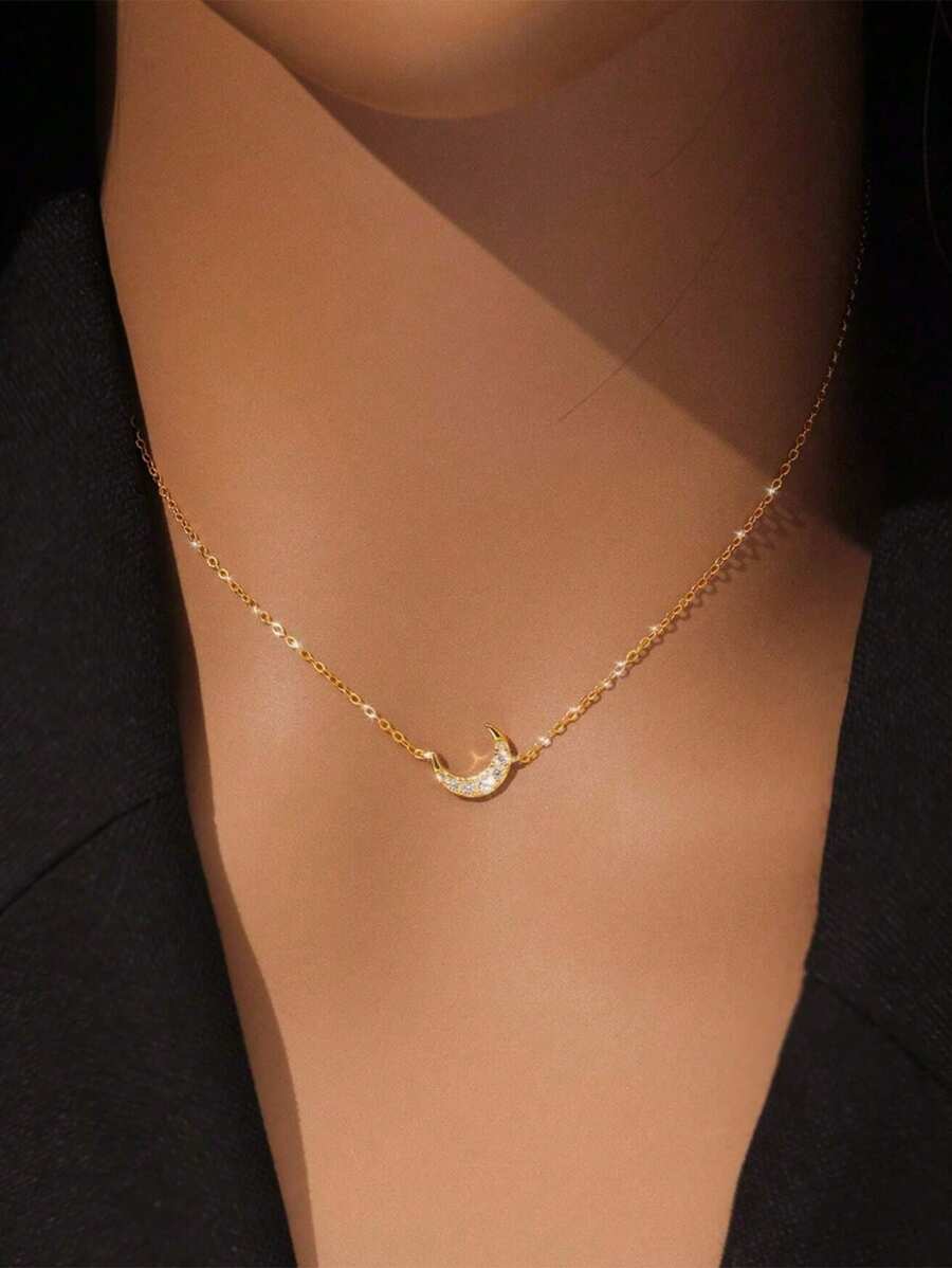 1 pieza Elegante colgante de collar de plata de ley 925 con forma de media luna y gema brillante, adecuado para uso diario, fiesta y vacaciones