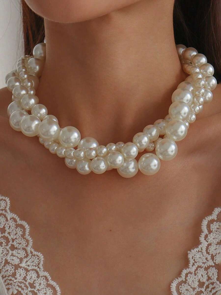 1pc European And American Minimalist Multi-Layered Necklace, Retro Elegant Exaggerated Faux Pearl Elegant Necklace Collarbone Chain