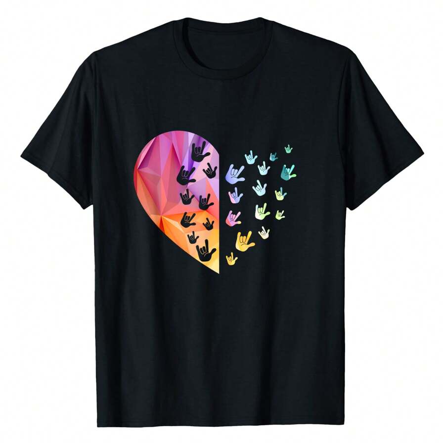 Sign Language Heart - ASL T-Shirt For Deaf Gift, Teacher Graphic Tees Short Sleeve Casual Women Men T Shirts 100% Cotton Tee Shirt Womens Summer Tops Funny Print Women's T-Shirts Soft Comfy Everyday Wear Daily Gift Woman Tshirt Black