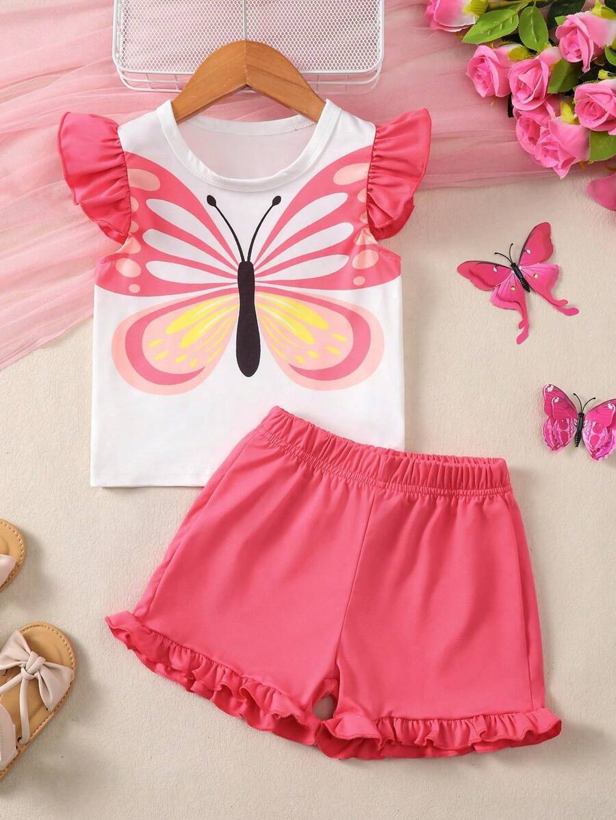 Set estivo con stampa farfalla carino, con maniche arricciate, pantaloncini corti, outfit per bambini