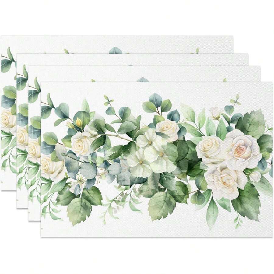 Juego de 4 manteles individuales rectangulares con estampado floral de rosas blancas y hojas, lavables, para decoración de mesa de fiesta, hogar, cocina, restaurante