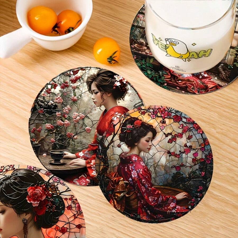 6 Pieces Set, Japanese-Style Kimono Ladies Art Wooden Coasters, Heat-Resistant, Suitable For Drinks And Coffee, Very Suitable For Office, Kitchen, Table Decoration, Unique Art Desktop Protector, Perfect Birthday And Christmas Gifts