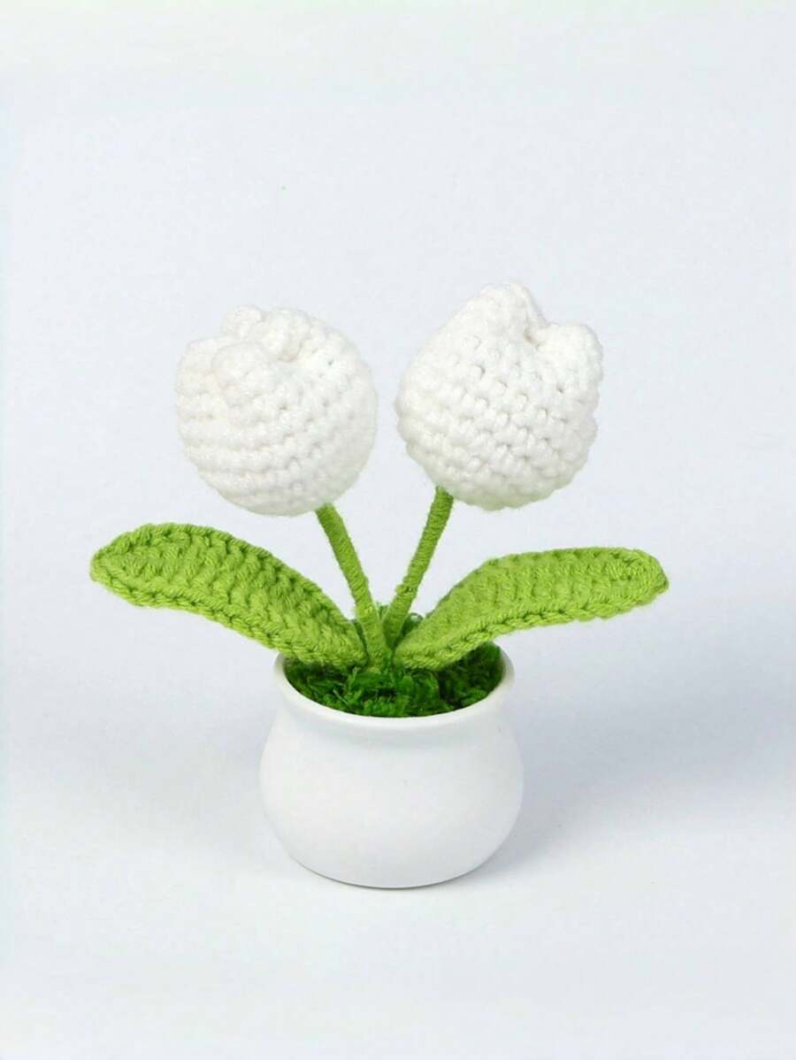 1pc/2pcs 2 Flower Heads (White), DIY Handmade Mini Potted Plant, Crochet Tulip, Mother's Day Gift, Home, Office, Desktop, Wedding, Birthday, Holiday Decor, Christmas & New Year Gift, For Boyfriend/Girlfriend/Father Gifts Graduation