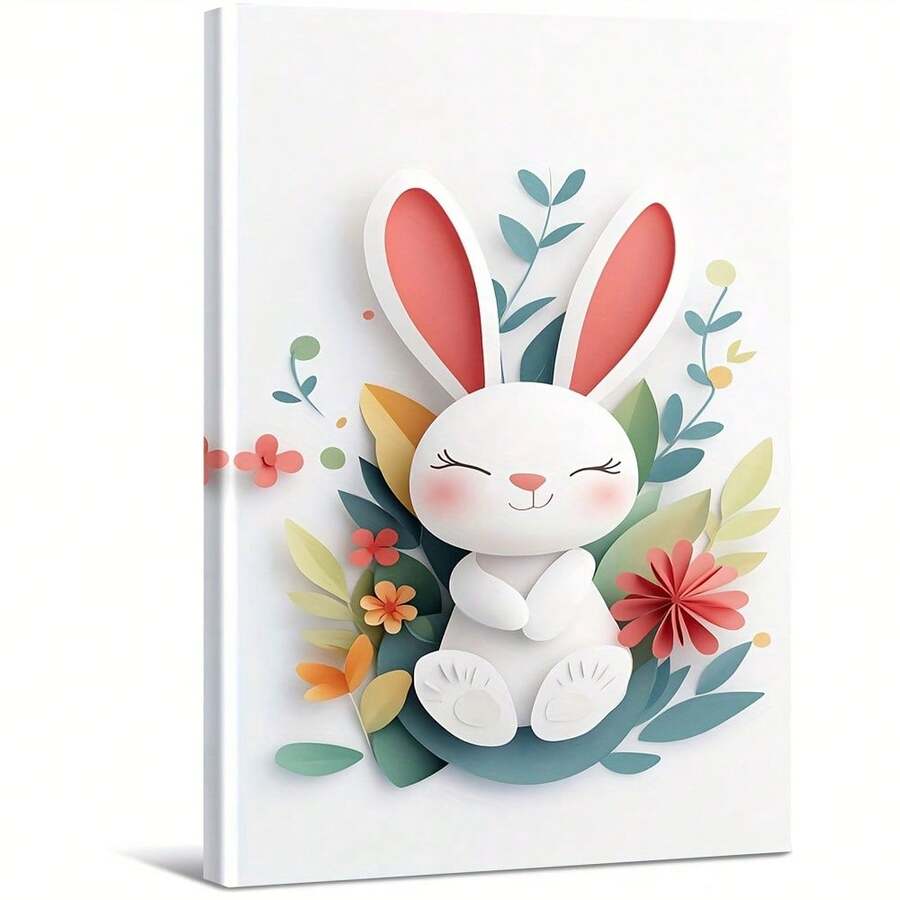 De magnifiques lapins sont entourés de fleurs et de feuilles colorées. Grande peinture murale encadrée en bois, décoration d'intérieur, peinture à l'huile - Chambre, salle de bain, salon, bureau, cuisine, cadeaux de Noël - 1 pièce