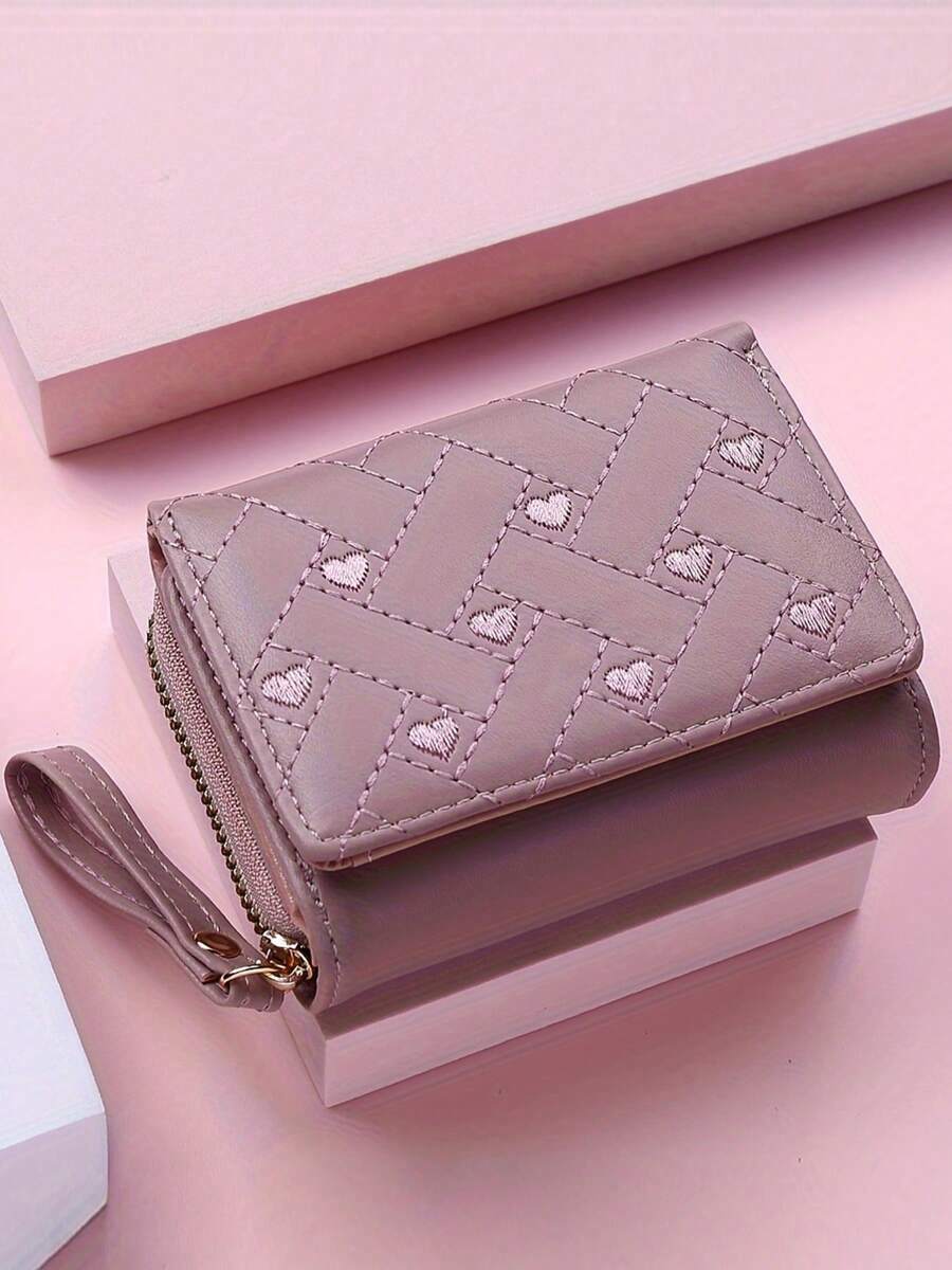 Furlong Lach 1 pieza Cartera corta de mujer con bordado en forma de corazón, cierre de cremallera versátil y sencillo, monedero con gran capacidad, cartera de mujer de tres pliegues con portador de tarjetas, mini cartera, cartera pequeña para mujer