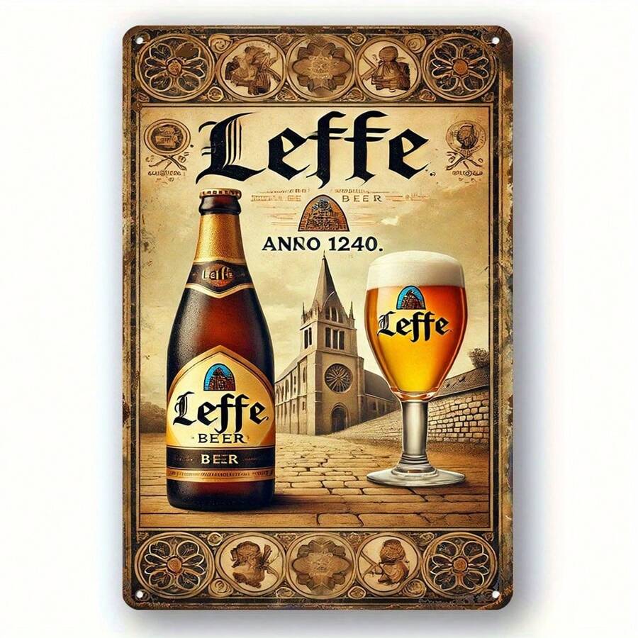 Vintage Leffe Beer Metal Sign - 20.32x30.48cm | Classic Belgian Brew Wall Decor, Rustic Bar & Patio Tin Plate With Historical Cityscape Design | Ideal For Home Bar, Grill Station, Or Pool Party Decoration, Beer Accessories, Perfect For Room Decor Gifts Birthday Graduation