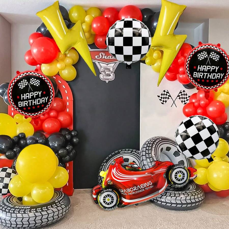 86pcs/Set Racing Car Theme Party Balloon Arch Kit, Red Yellow Black Balloons Arch Set, Sports Car Birthday Party Decor, Checkered Foil Balloons, Car Party Supplies