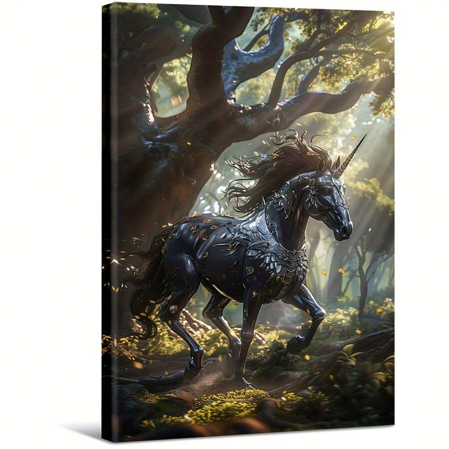 La Licorne Noire de la Forêt. Grande peinture murale encadrée en bois, décoration d'intérieur, peinture à l'huile - Chambre, salle de bain, salon, bureau, cuisine, cadeaux de Noël - 1 pièce