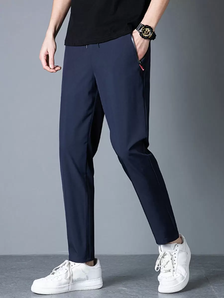 Men's Lightweight Breathable Athletic Hiking Travel Pants With Zipper Pockets, Solid Color Casual Drawstring Straight Leg Joggers, Suitable For Running, Exercise, And Daily Activities In Summer