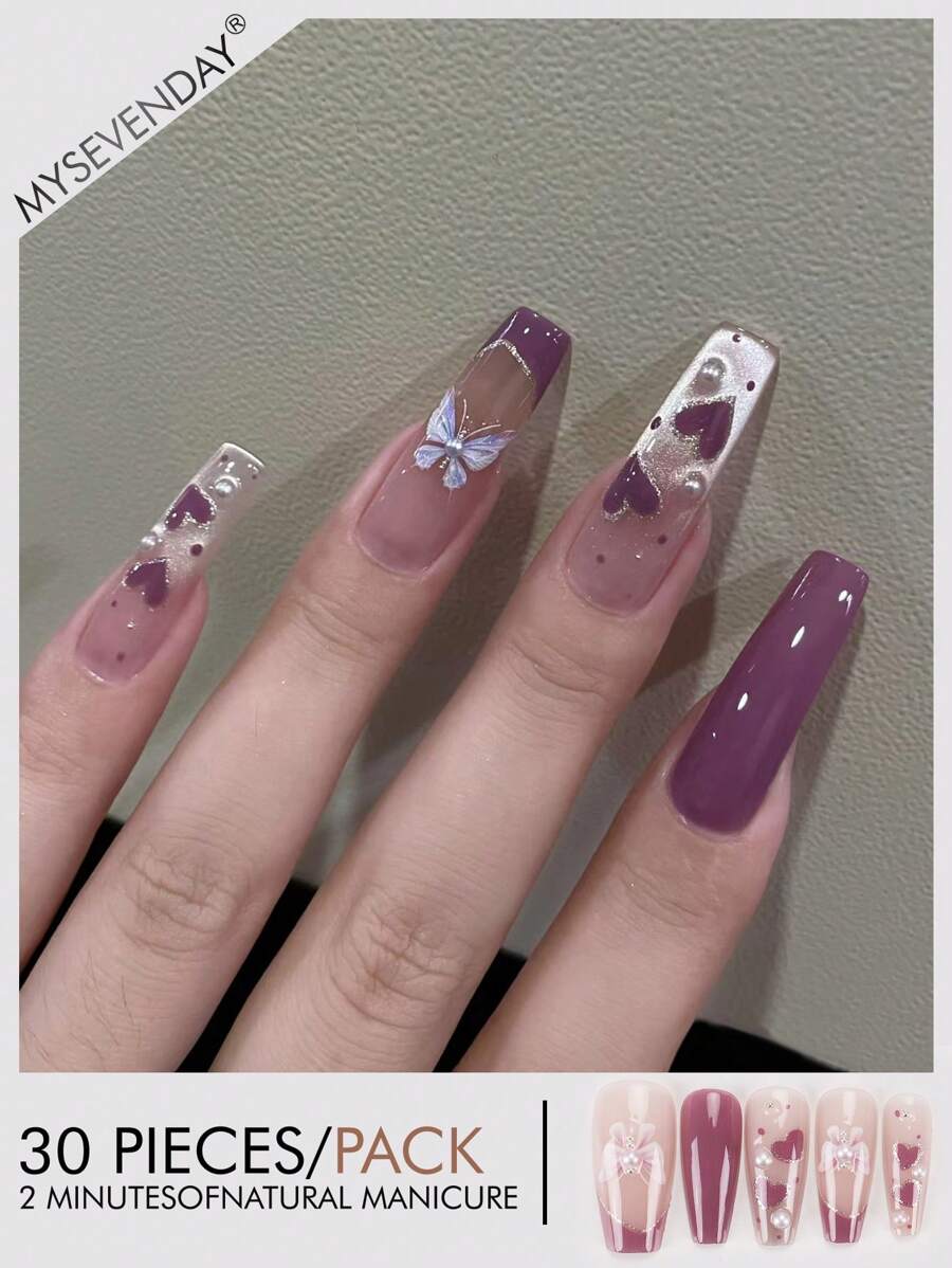 30 Pieces Of Chinese Style Coffin Shaped Pressed Fake Nail Patches, Gradient Butterfly Sweet French Style Women's Nail Patches, Fingertips, Matched With 1 Piece Of Jelly Glue And 1 Piece Of Rubbing Strip, Suitable For Women's Parties, Dances, Daily Casual Wear, Detachable And Reusable Wear Press On Nails