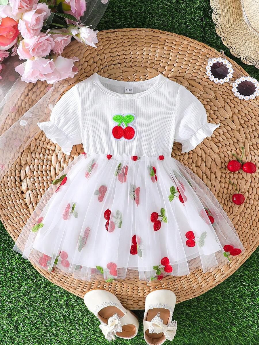 Baby Girl Cute Fruit Embroidery Splice Mesh Ruffle Sleeve Casual Dress For Summer