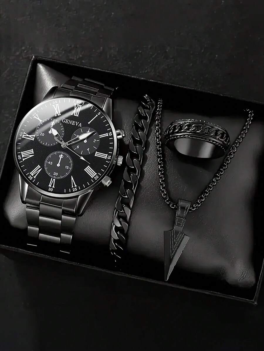 Conjunto de 4 piezas de reloj de cuarzo de moda para hombre - Estilo de negocios con colgante de flecha, pulsera, anillo, reloj de acero inoxidable con pantalla analógica precisa, cómodo, adecuado para uso casual y deportivo - Regalo ideal para él