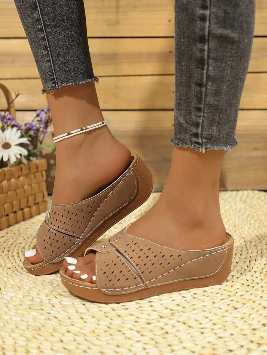 Women's Summer Criss-Cross Open Toe High Heel Casual Sandals With Hollow-Out Design, Thick Platform, Rhinestone Decor, Suitable For Outdoor Wear