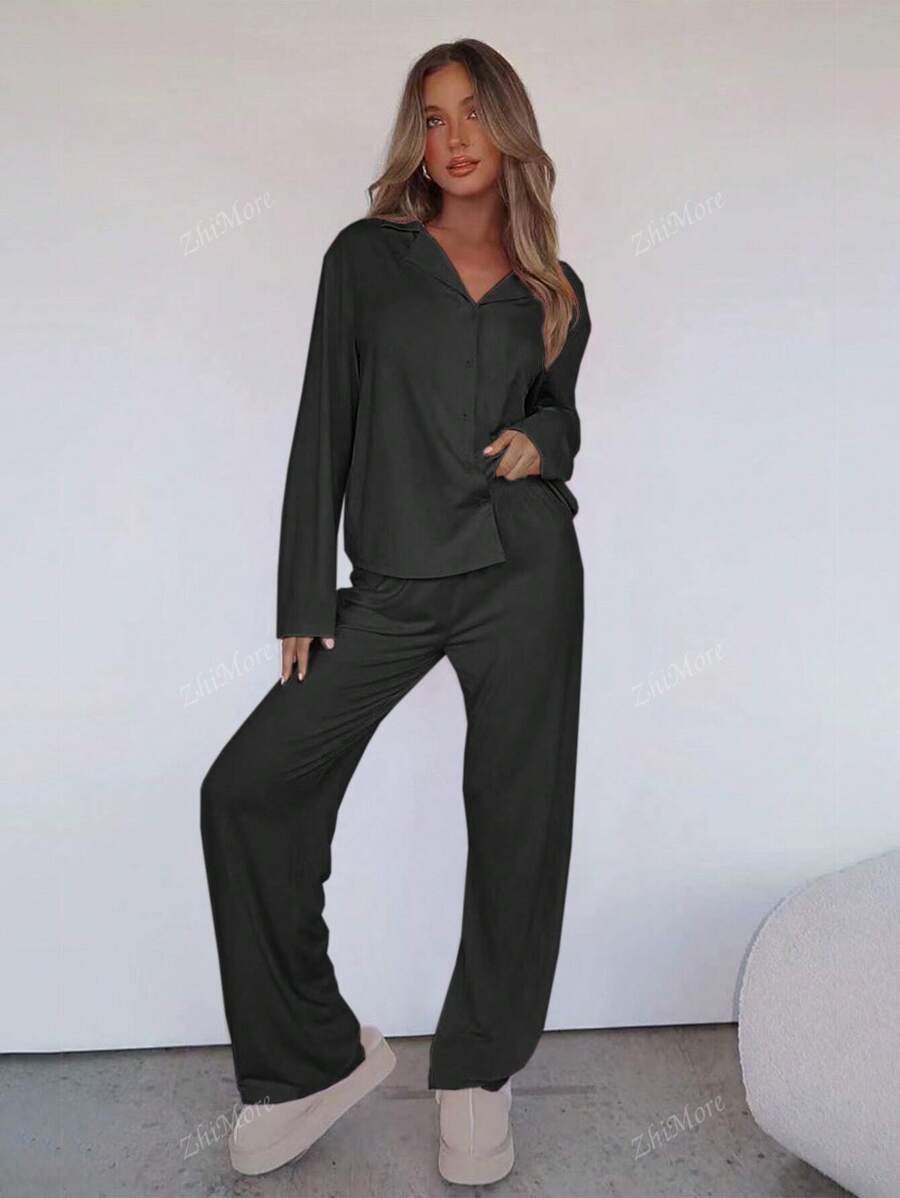 Conjunto Casual Feminino de Duas Peças para Outono e Inverno, Conforto Residencial, Top de Gola Lapela de Manga Longa de Abotoamento Simples, Calça Reta Sólida Solta