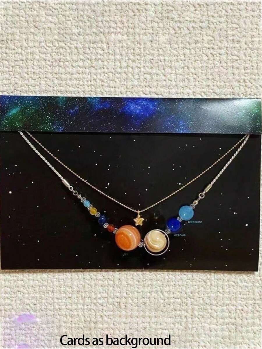 2 Pcs Planet & Star Crystal Copper Necklace Set, Fashionable Jewelry For Men And Women, Party Accessory