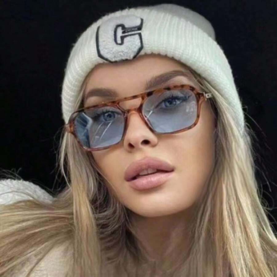 1 pièce Lunettes de mode carrées métalliques à motif léopard bleu pour femme, convenant pour le port quotidien, les ombres, les tenues de tous les jours, la plage, les fêtes, les festivals de musique pour les vacances d'été à la plage, les activités de plein air et les voyages