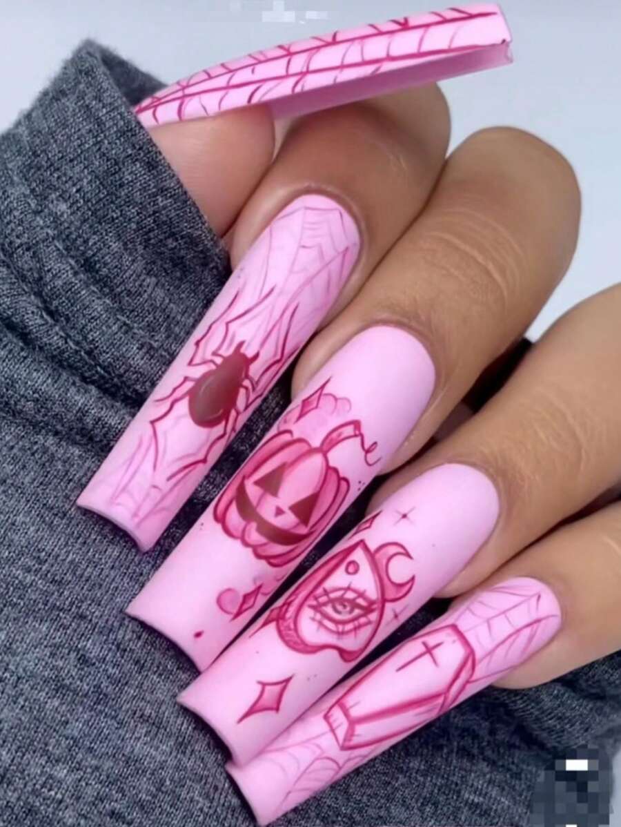 24 stuks nieuwe extra lange persnagels, inclusief roze spin, pompoen, rock punk-stijl, kistvorm, 1 nagelvijl en 1 gelei-gel, geschikt voor meisjes, dames, feesten, bruiloften, verjaardagen, dagelijks gebruik