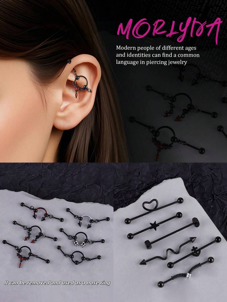 1 pieza de piercing industrial multiusos estilo grunge, punk, gótico, con forma de estrella y corazón, para nariz, de acero inoxidable, con forma de diente y murciélago, para hombre y mujer, con forma de barra industrial para labio, corazón, nariz, cadena, cartílago, hélice, piercing, piercing industrial con forma de araña, joyería para piercing corporal de 38 mm y 1 y 1/2 pulgada, para Navidad, regalo de Halloween, fiesta, uso diario, salidas nocturnas, reuniones sociales, uso diario