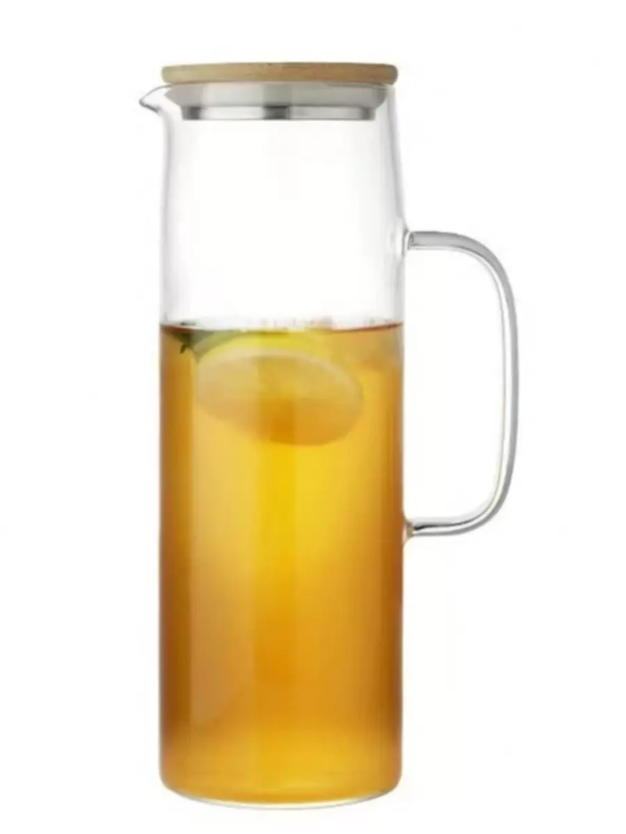1pc 1000ml/1200ml/1500ml Straight Borosilicate Glass Water Kettle With Wooden Lid, Summer Fruit Juice Pitcher, Heat Resistant, Suitable For Home, Gatherings, Restaurants