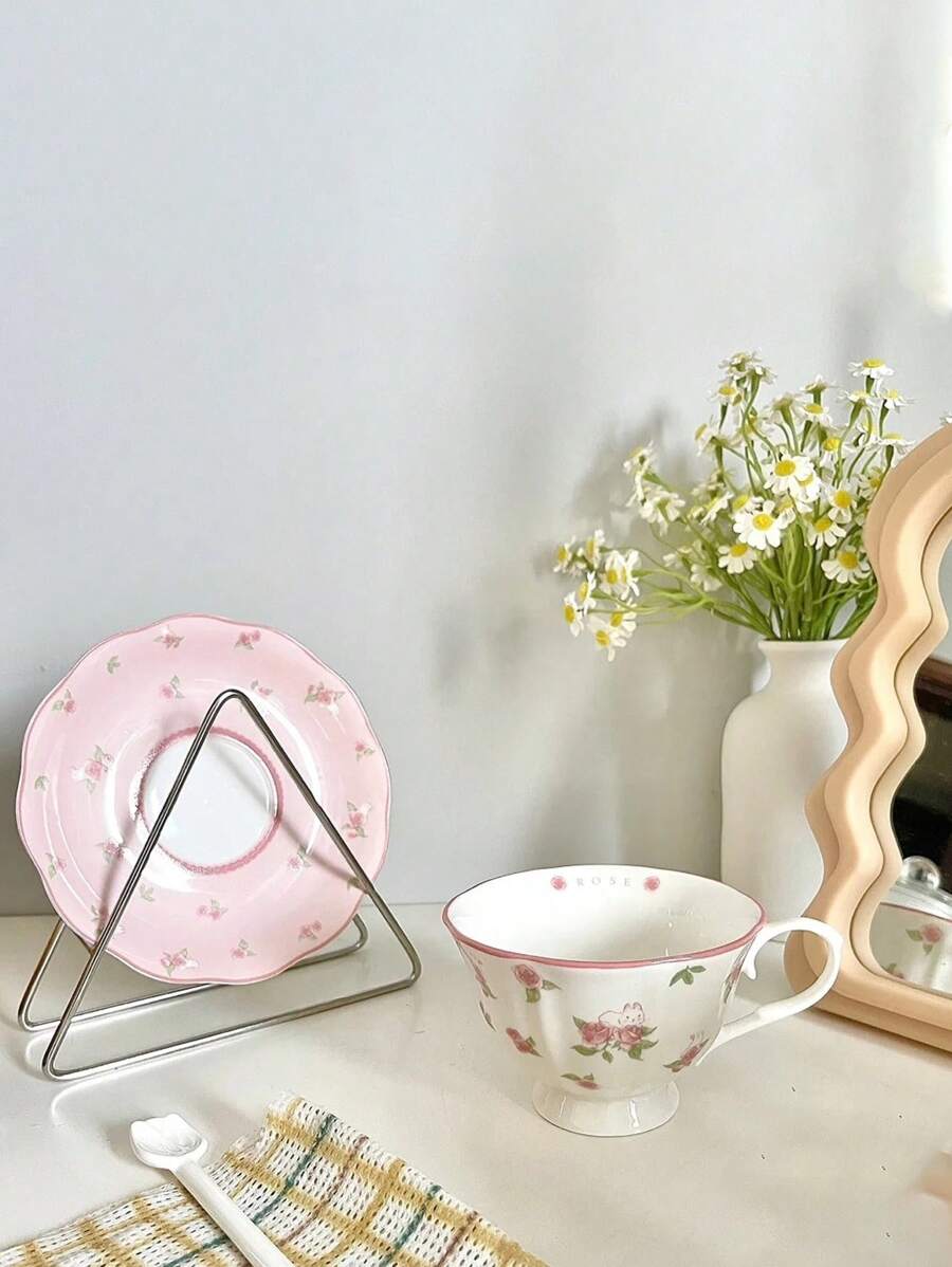 1pc Rustic Ceramic Cup & Saucer Set, French Girl Style Coffee Cup, Retro Nostalgic Milk Cup, Breakfast Cup, Latte Cup, Sweet Afternoon Tea Plate, Snack Plate, Suitable For Cafes, Tea Houses, Parties, Gifts For Best Friends