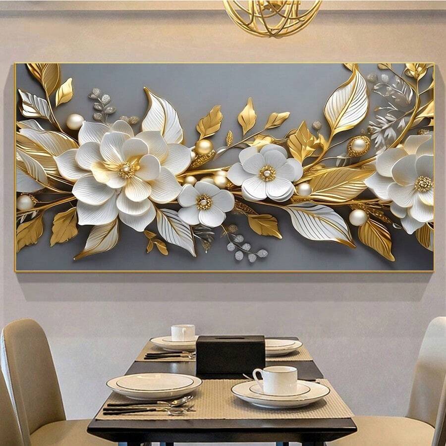 1 pieza, Pósters botánicos, Artes de pared con flores blancas, Impresiones decorativas de hojas doradas modernas, Mejor regalo, Para decoración de sala de estar, dormitorio, porche, oficina, sin marco, para cumpleaños y graduación