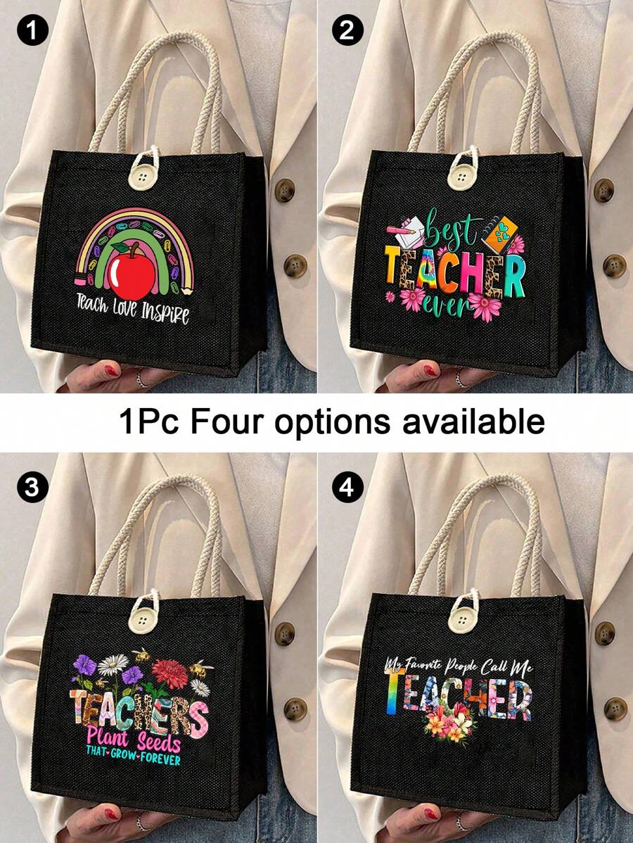 1 pièce Sac à main en lin imprimé floral avec lettrage enseignant, cadeau pour enseignants, sac cadeau à motif lune et étoile, sac de courses portable et pliable, sac de rangement léger, sac de courses simple, sac de rangement pour infirmière, médecin, enseignant, cadeau pour mère, maquillage de voyage personnel, sac de courses, grand espace de rangement, toujours les meilleurs cadeaux de la Saint-Valentin