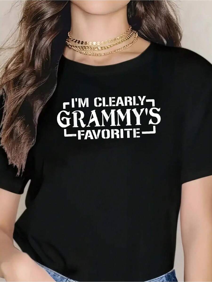 I'm Clearly Grammy's Favorite, Grandson Grandkids Grandma T-Shirt - Short Sleeve, Casual, Breathable, Comfortable, Summer & Spring Essential - Women's Clothing, Short Sleeve 100% Cotton T-Shirt For Ladies