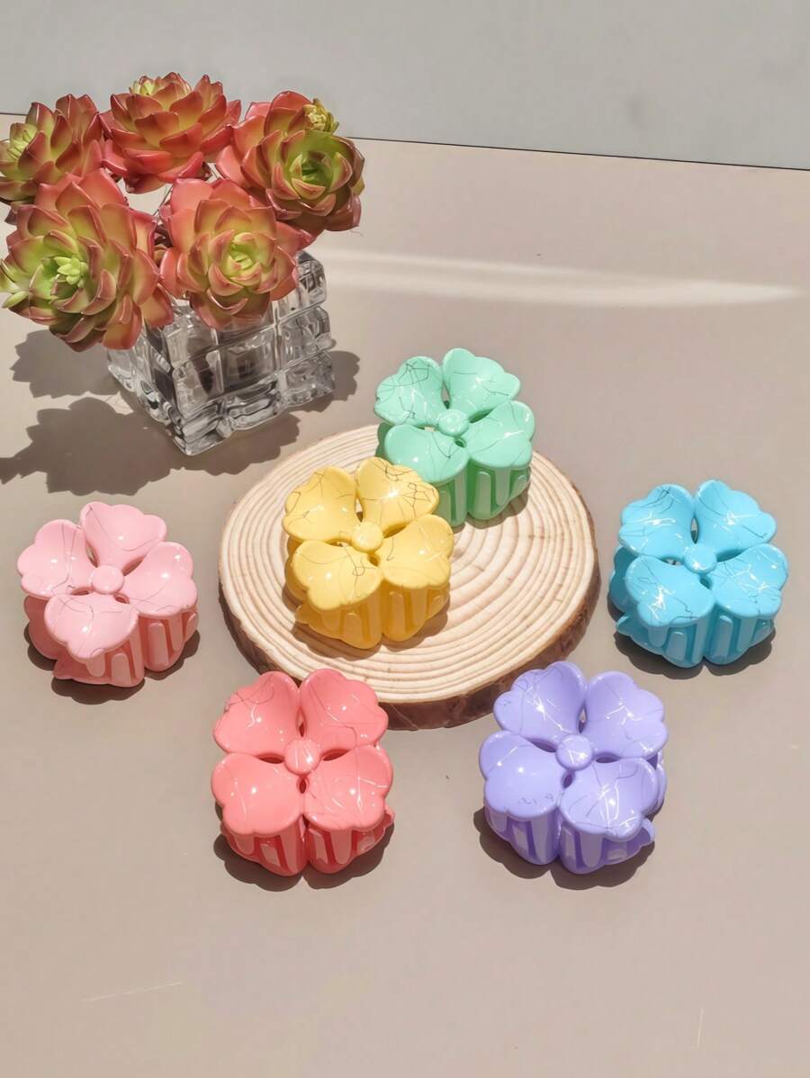 6pcs New Textured Floral Hair Clips, Claws, Around 4cm Multi-Color Flower Clips Suitable For Fine Hair, Medium Non-Slip Claw Rectangle Hair Accessories, Strong Styling Hold (Mixed Colors)
