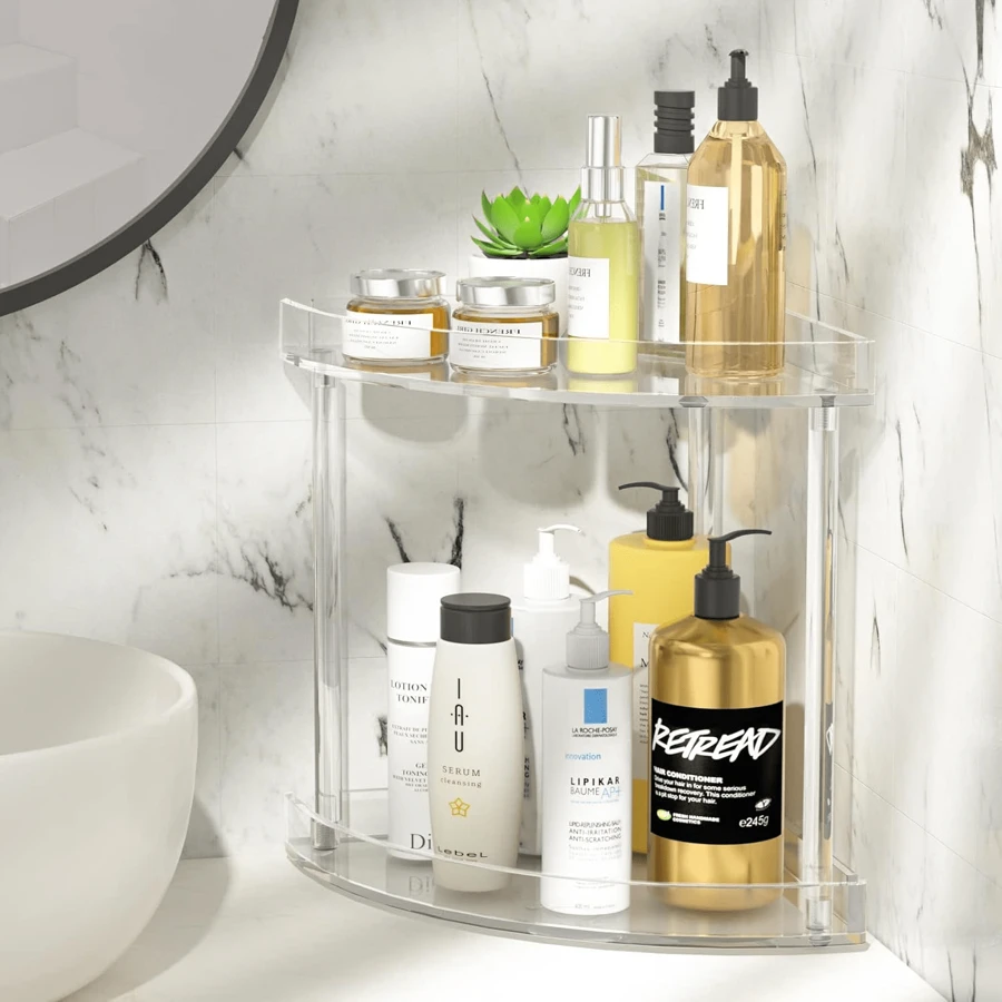 1 pièce Organisateur de salle de bain à 2 étages en acrylique, Étagère de rangement de salle de bain transparente pour le coin, Étagère d'angle à 2 couches pour le rangement de maquillage
