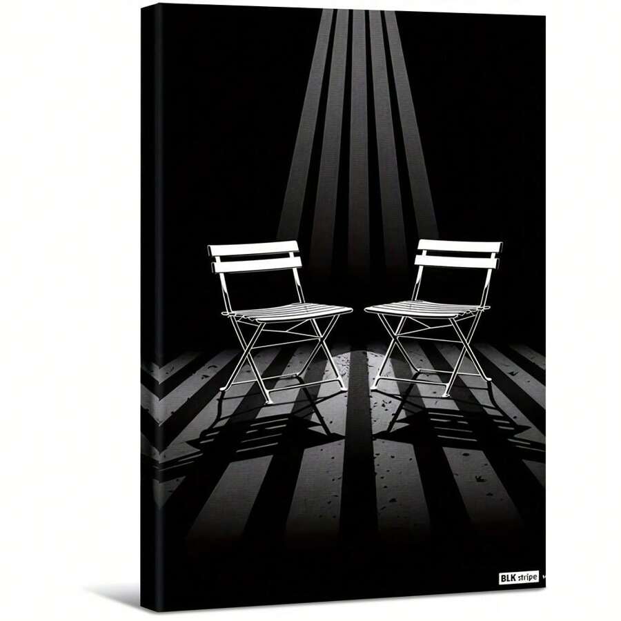 Deux chaises projetant des ombres sur un sol rayé noir et blanc. Grande peinture murale encadrée en bois, décoration d'intérieur, peinture à l'huile - Chambre, salle de bain, salon, bureau, cuisine, cadeaux de Noël - 1 pièce