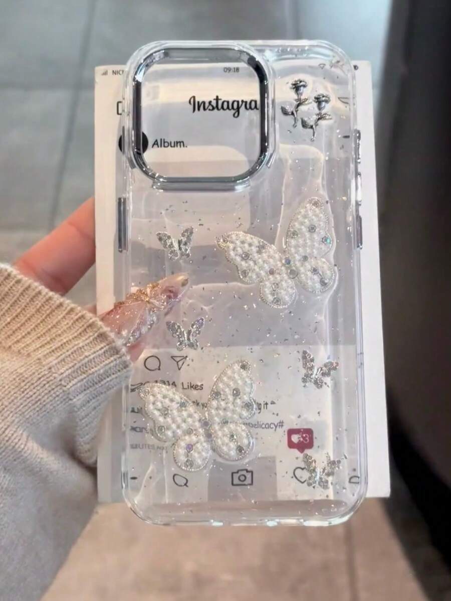 Etui na telefon z 3D sztucznymi perłami i motylem ze strasem, kompatybilne z iPhone 16 Pro Max/15 Pro Max/13/14 Pro Max, ochrona przed upadkiem