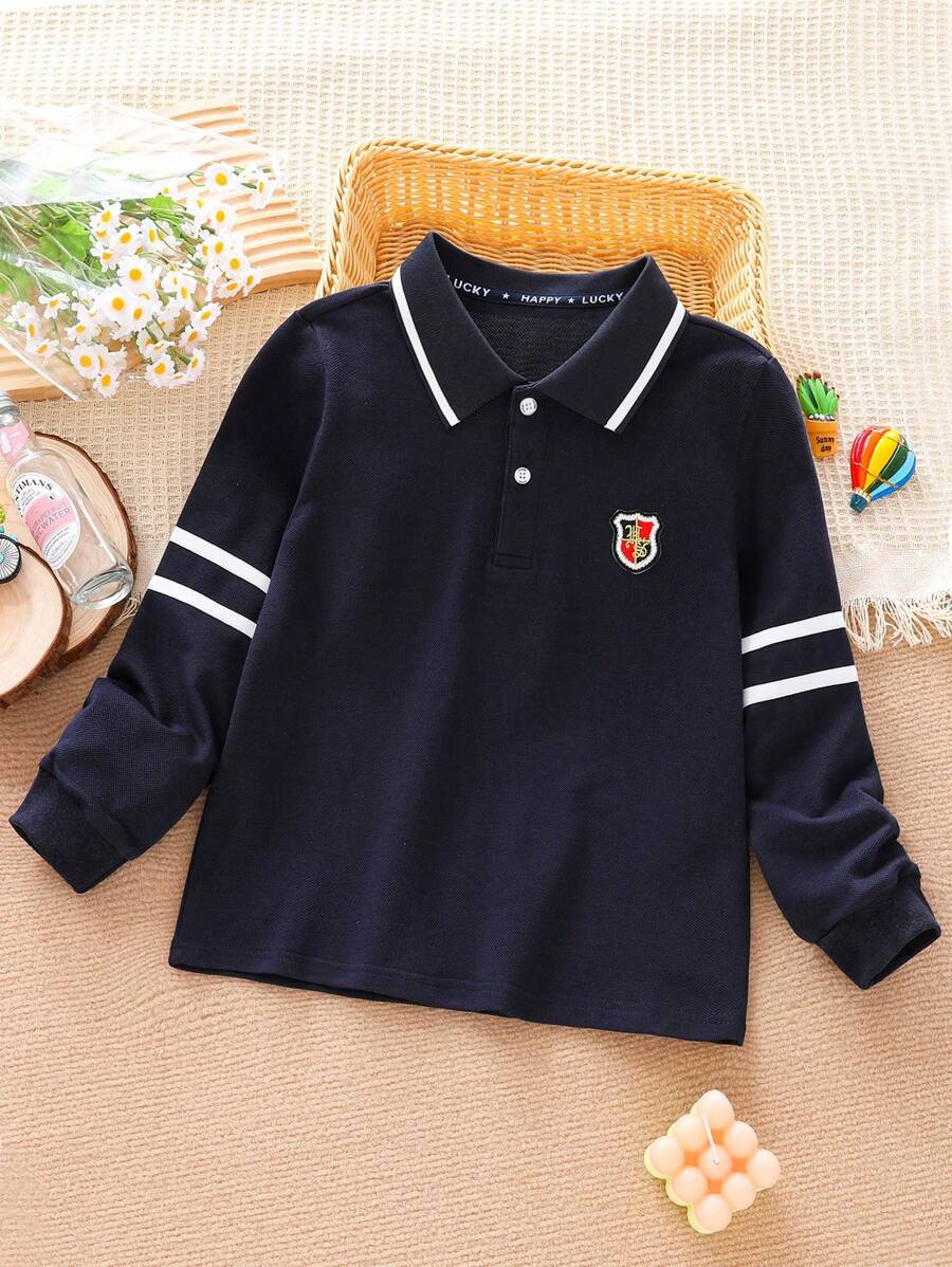 Camiseta com Gola Polo para Meninos Pequenos, Top Manga Longa Ajuste Solto, Top Casual e Estiloso, Estilo Britânico, Novos Lançamentos de Primavera