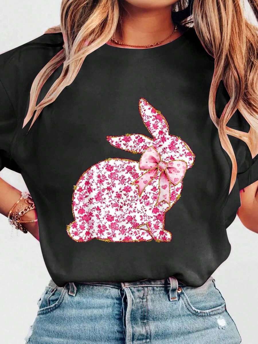 Coquette Bow Bunny Rabbit Pink Floral Happy Easter Print Crew Neck Casual T-Shirt Short Sleeve Sports Top, Smart Casual/Street Style Women's Clothing