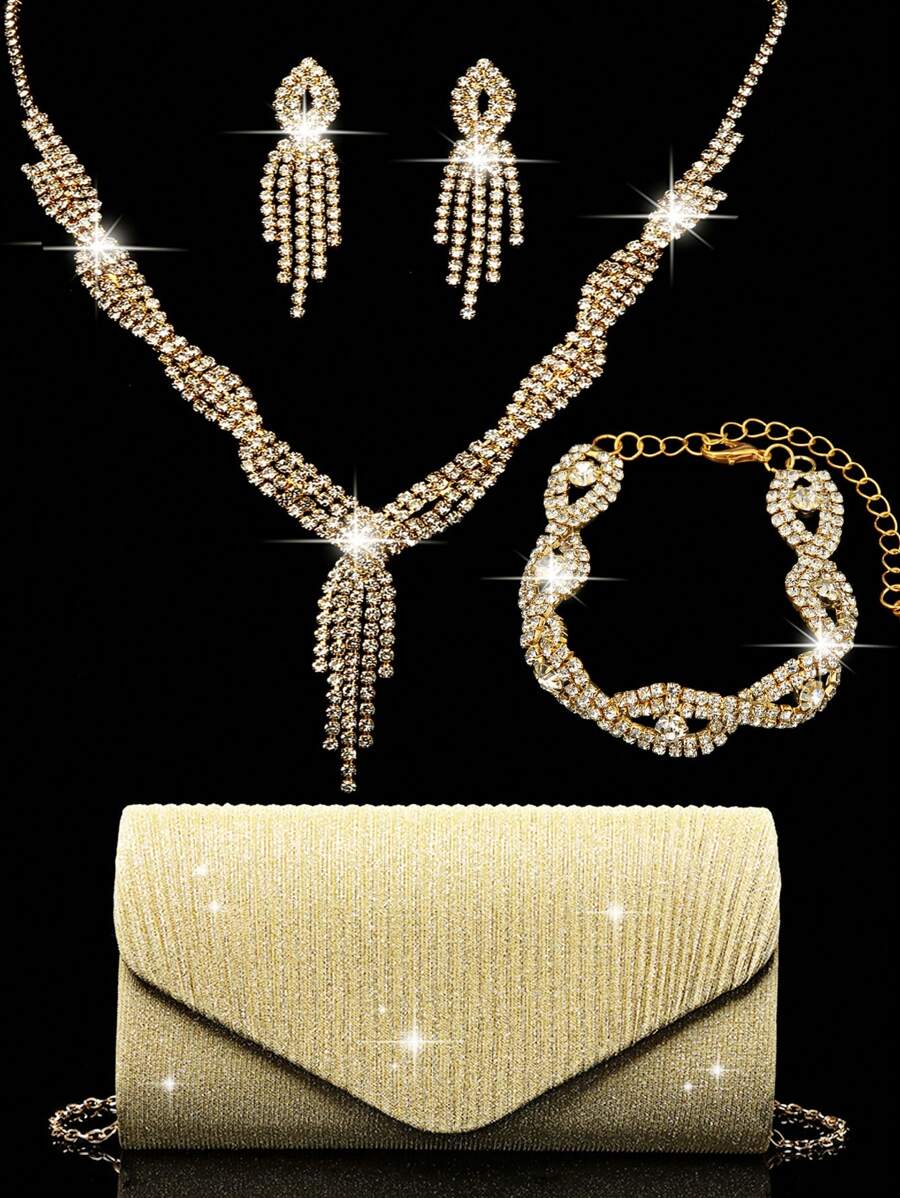 Ensemble de bijoux en strass pour femmes, ensemble de bijoux étincelant comprenant un collier, des boucles d'oreilles, un bracelet en or scintillant. Sac enveloppe pliant en V scintillant, portefeuille scintillant, sac à main élégant pour banquet, sac à main pour bal de promo pour femmes, sac à bandoulière en métal pour mariage et soirée, nouveau sac de soirée pour banquet