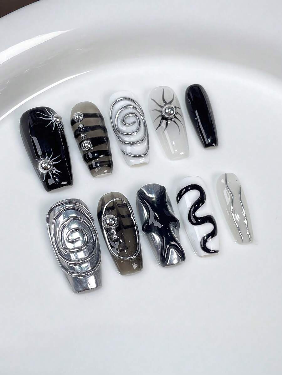 10pcs Y2k Punk Rock Metal Texture 3D Decoration Rivet Handmade Nails Chrome Silver Liquid Acrylic Press On Nails Medium Long Coffin Fake Nails Full Coverage Nail Tips With Jelly Glue And Nail File, DIY Nail Art Supplies Music Festival Party